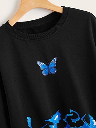Women's Butterfly Print Crop Sweatshirt Crew Neck Casual Pullover Tops