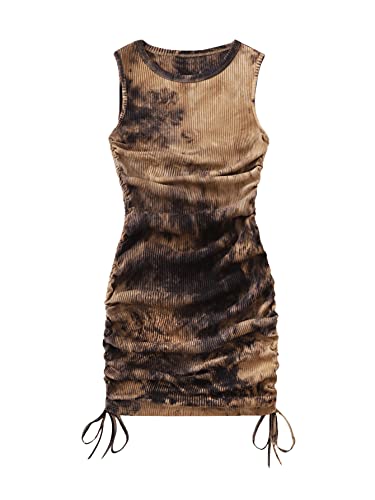 Women's Ruched Sleeveless Mini Bodycon Dress Drawstring Tie Side Round Neck Short Dress
