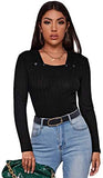 Women's Casual Square Neck Ribbed Knit Long Sleeve Fitted T Shirts Tee Tops