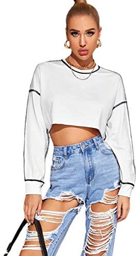 Women's Loose Contrast Stitch Long Sleeve Drop Shoulder Crop Pullover Sweatshirt
