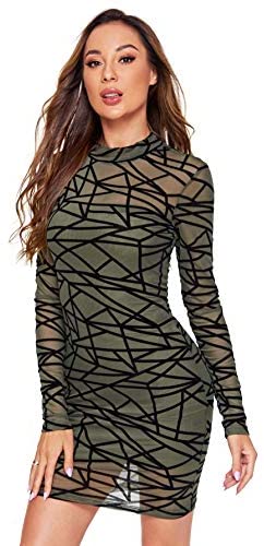 Women's See Through Mesh Long Sleeve Stretch Bodycon Dress Without Camisole