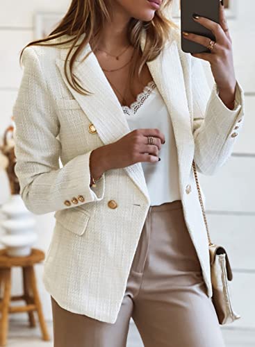 Tweed Blazers for Women Double Breasted Long Sleeve Jacket Business Casual  White Blazer Jackets for Women Beige S at  Women's Clothing store