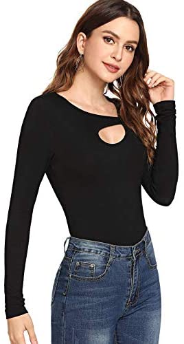 Women's Cutout Long Sleeve Tee Cold Shoulder Rib Knit T-Shirt Junior Tops