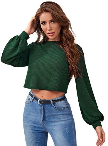 Women's Lantern Long Sleeve Round Neck T-Shirt Plain Frill Crop Tee Top