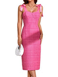 Women's Tie Shoulder Tweed Sleeveless Backless Split Hem Solid Cami Midi Dress Hot Pink S