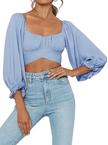 Women's Cute Off Shoulder Long Sleeve Self Tie Knot Crop Tube Top Blouse Blue