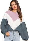 Women's Loose Colorblock Sweatshirt Lantern Sleeve Round Neck Pullover Tops