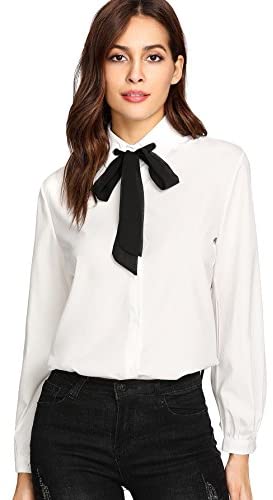 Women's Bow Tie Neck Ruffle Long Sleeve Chiffon Shirt Blouse Top