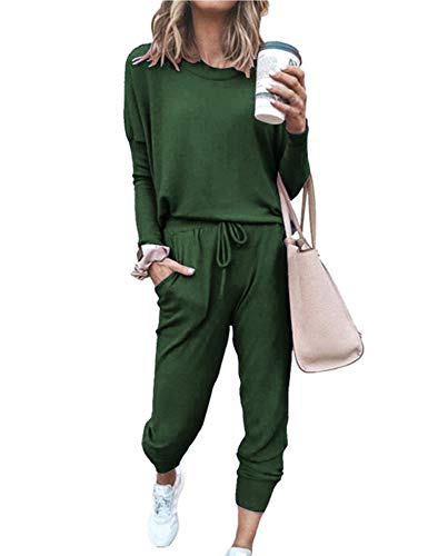 Women's Long Sleeve Loungewear Crewneck Pullover Tops Long Pants Sweatsuits Tracksuits with Pockets Army Green