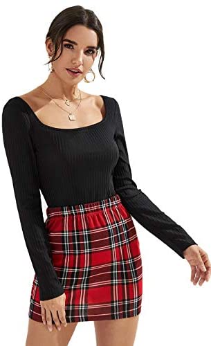 Women's Long Sleeve Square Neck Rib Knit Fitted Tee Top