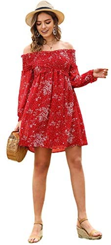 Women's Casual Floral Print Off The Shoulder Long Sleeve Shirred A-Line Dress Red