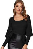 Women's Solid Scoop Neck Blouse Leg-of-Mutton Long Sleeve Tee Tops