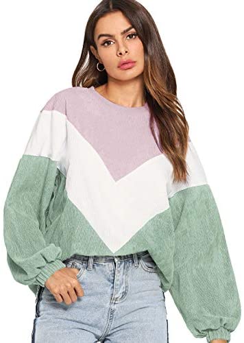 Women's Loose Colorblock Sweatshirt Lantern Sleeve Round Neck Pullover Tops