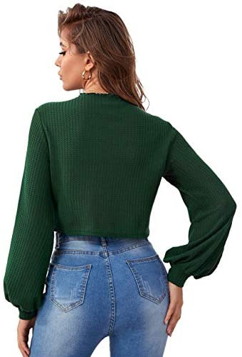 Women's Lantern Long Sleeve Round Neck T-Shirt Plain Frill Crop Tee Top