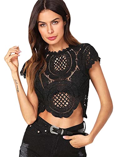 Women's See Through Mesh Lace Crop Top Crochet Short Sleeve Embroidered Tops