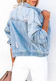 Denim Jacket for Women Distressed Ripped Frayed Crop Jean Jacket American Flag Long Sleeve Light Blue Button Closure Bike Coat