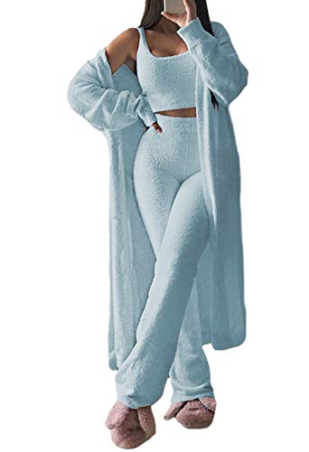 Womens Fuzzy Fleece 3 Piece Pajama Set Tank Crop Tops Pants Open Front Cardigan Lounge Outfit Light Blue S