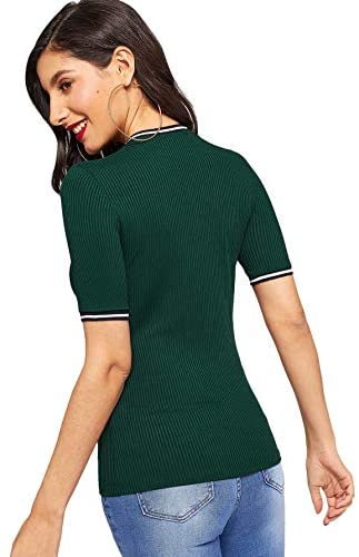 Women's Basic Plain Round Neck Short Sleeve Stretchy Ribbed Knit T-Shirts