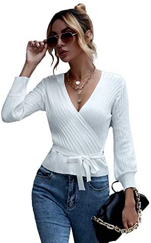 Women's Long Sleeve V Neck Wrap Front Tied Surplice Sweater Tops White One Size