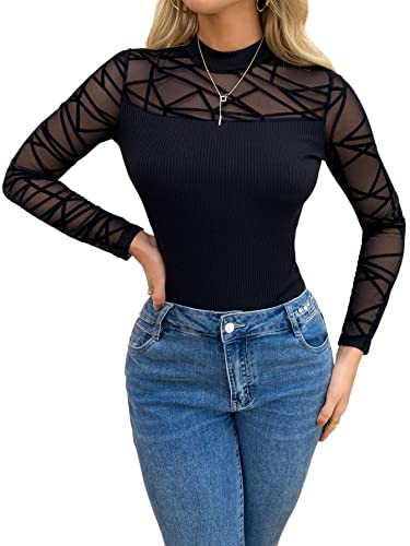 Women's Sheer Mesh Mock Neck Tees Top Long Sleeve Solid T Shirt Black Large