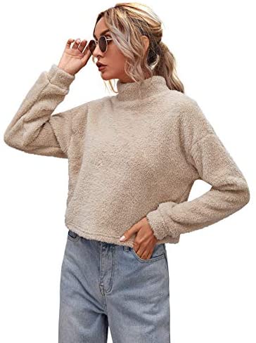 Women's Casual Fleece Teddy Sweatshirt High Neck Long Sleeve Pullover Tops