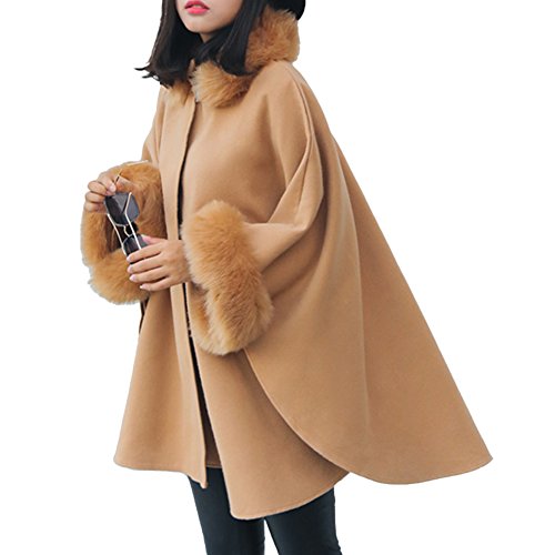 Womens Winter Batwing Long Sleeve Poncho Jacket Elegant Faux Fur Collar Cloak Coat(order 1 size bigger than your Normal Size)