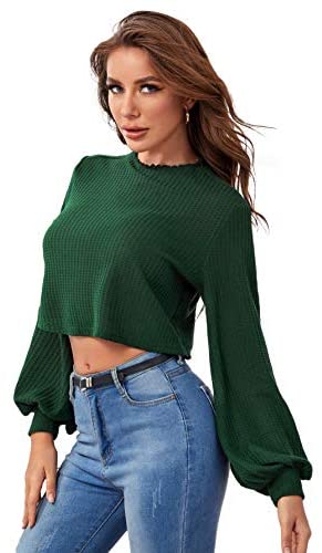 Women's Lantern Long Sleeve Round Neck T-Shirt Plain Frill Crop Tee Top