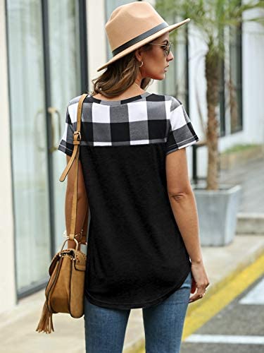 Women's Colorblock Gingham Shirt Short Sleeve Crew Neck T-Shirt Tee Tops with Pocket