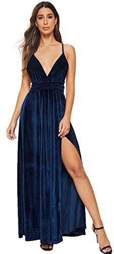 Women's Sexy Velvet Deep V Neck Backless Maxi Party Evening Dress