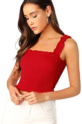 Women's Casual Frill Smocked Crop Cami Tank Shirred Strap Sleeveless T –  Divahotcouture