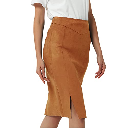 Bellivera Women Faux Suede Leather Pencil Skirt, Spring Fall Casual Midi Skirts Spring and Summer Hip Wrapped Back Split FF21 Camel L