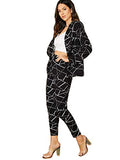 Women's Two Piece Plaid Geometric Open Front Long Sleeve Blazer and Elastic Waist Pant Set Suit