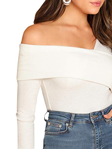 Women's Slim Cross Wrap Asymmetrical Neck Solid Ribbed Knit Tee Shirt Blouse White