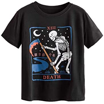 Women's Casual Loose Halloween Human Skeleton Skull Print Short Sleeve Summer Tee Tops