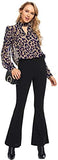 Women's Choker Neck Long Sleeve Sheer Leopard Print Chiffon Blouse Top