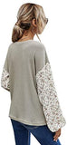 Women's Waffle Knit Shirts Floral Lantern Long Sleeve Loose Blouse Tops