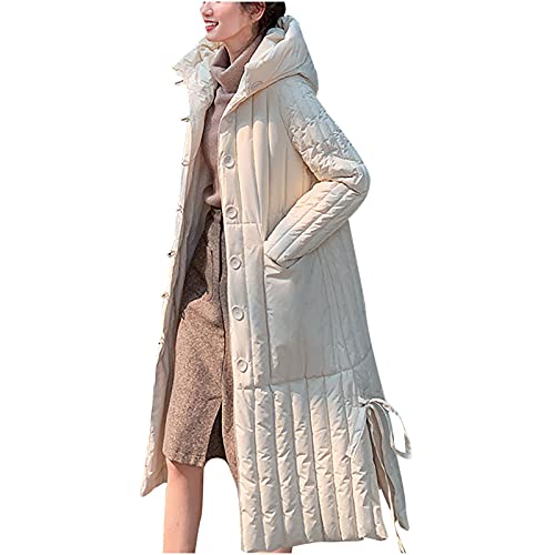 Womens Puffer Jackets Ankle Length Thicken Winter Coats Folds Stripe Overcoat Warm Padded Loose Down Coat Beige