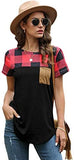 Women's Colorblock Gingham Shirt Short Sleeve Crew Neck T-Shirt Tee Tops with Pocket