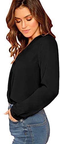 Women's Sexy Deep V Neck Long Sleeve Drape Wrap Tops Chiffon Blouse