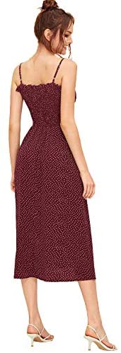 Women's Sleeveless Straps Shirred Polka Dot Ruffle Flare A Line Midi Dress