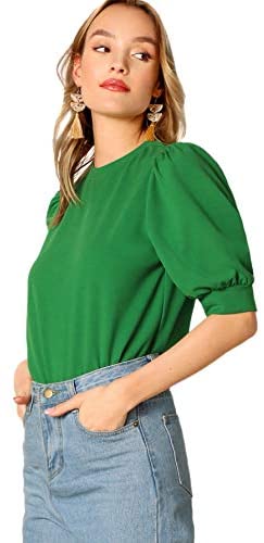 Puff Sleeve Casual Solid Top Pullover Keyhole Back Blouse Green