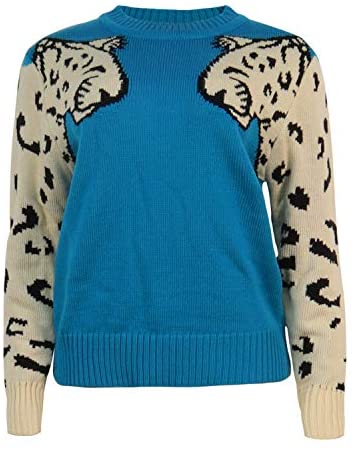 Women's Sweaters Casual Leopard Printed Patchwork Long Sleeves Knitted Pullover
