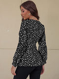 Women's Leopard Wrap Blouse Peplum Top V Neck Lantern Long Sleeve Shirt Leopard