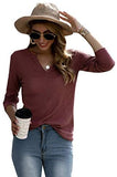 Women's Notched V Neck Long SleeveT-Shirt Solid Waffle Knit Tee Tops Redwood