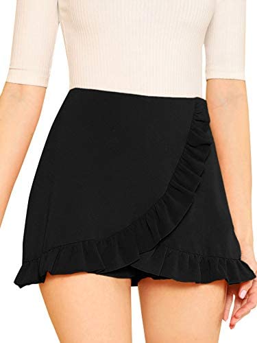 Women's Mid Waist Ruffle Wrap Skorts Asymmetrical Plain Skirt Shorts