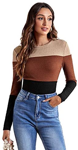 Women's Colorblock Long Sleeve T Shirt Round Neck Rib Knit Tee Tops