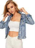 Women's Casual Long Sleeve Pockets Washed Distressed Denim Jean Jacket