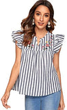 Women's V Neck Striped Floral Ruffle Embroidery Cotton Summer Boho Blouse Top
