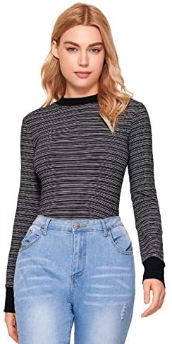 Women's Casual Mock Neck Striped Tee Tops Long Sleeve Slim Fit T-Shirts