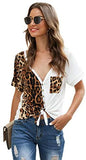 Women's Colorblock Leopard Shirt Blouse Short Sleeve V Neck Button Up Tee Tops with Pocket